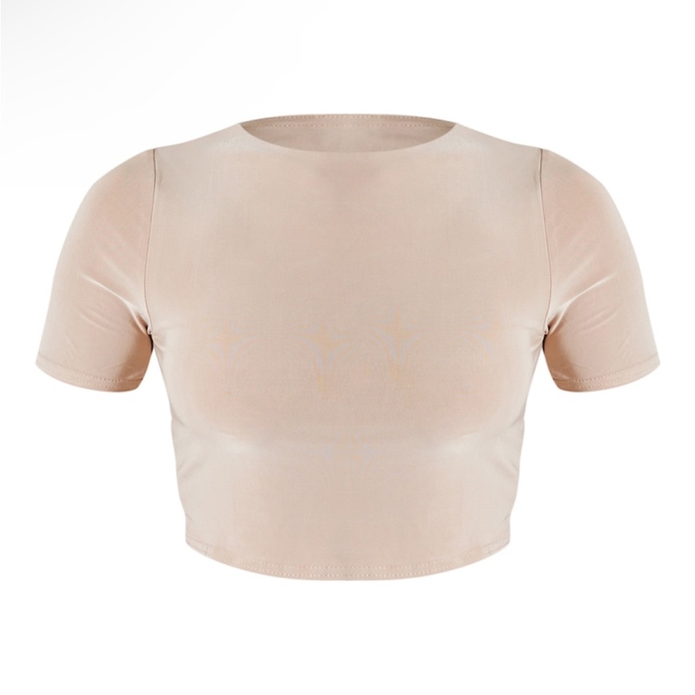 Prettylittlething “Basic Stone slinky shirt sleeve crop” - Picture 5 of 7
